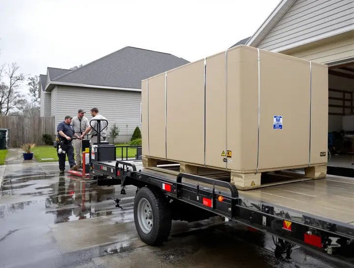 Two electricians rolling a crated generator off a trailer