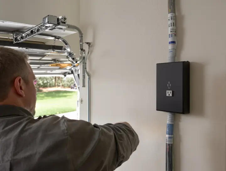 Electrician mounting an EV charger in a garage