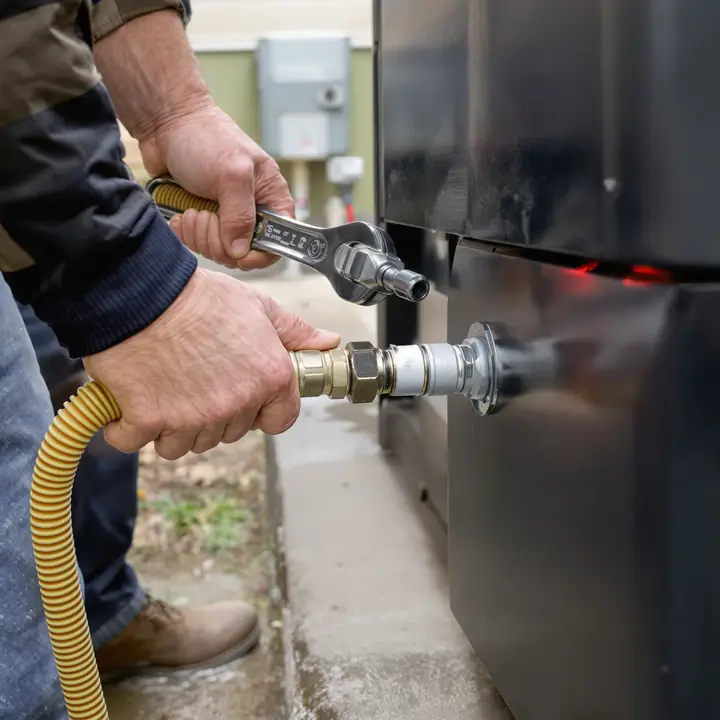 Technician tightening a gas line on a generator