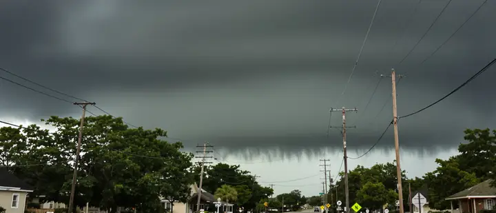 Storm rolling over a Baton Rouge street lined with live oaks