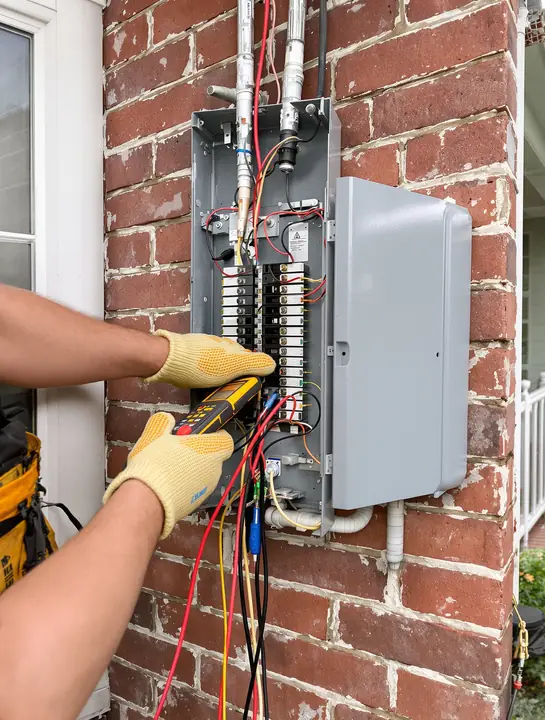 Electrician wiring a transfer switch beside the main panel