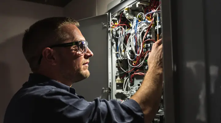 Oakline electrician dressing wires inside an open panel