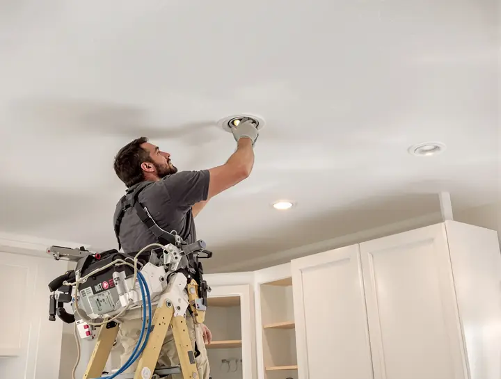 Electrician installing recessed lights in a kitchen