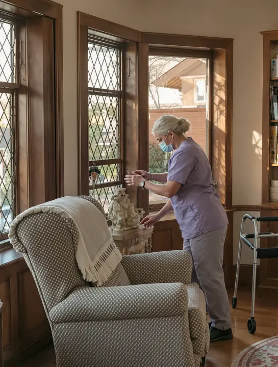 A home care aide at a client's craftsman home in Oakland