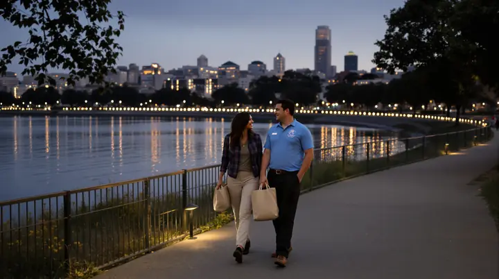 Our lawyer walking and talking with a grocery worker at Lake Merritt