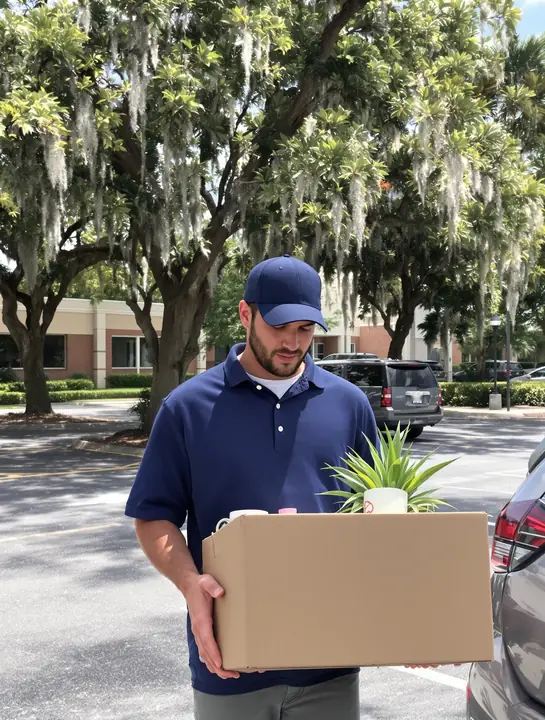 A man carrying a box of desk items to his car after a layoff