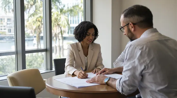 Ines going over an agreement with a client in her downtown Tampa office