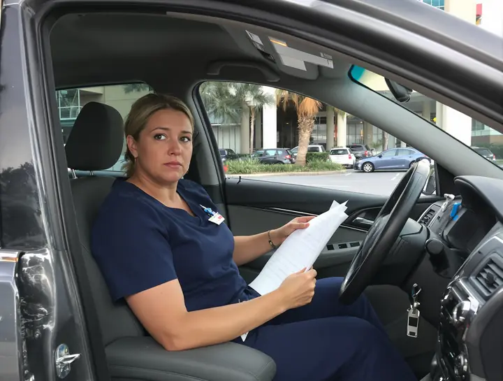 A nurse reading a letter in her car on a break