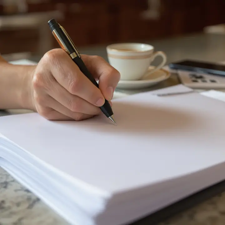 A pen held over a severance agreement on a kitchen counter, not signed yet