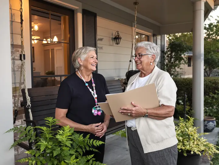 Reviewing plan choices with a neighbor on her front porch