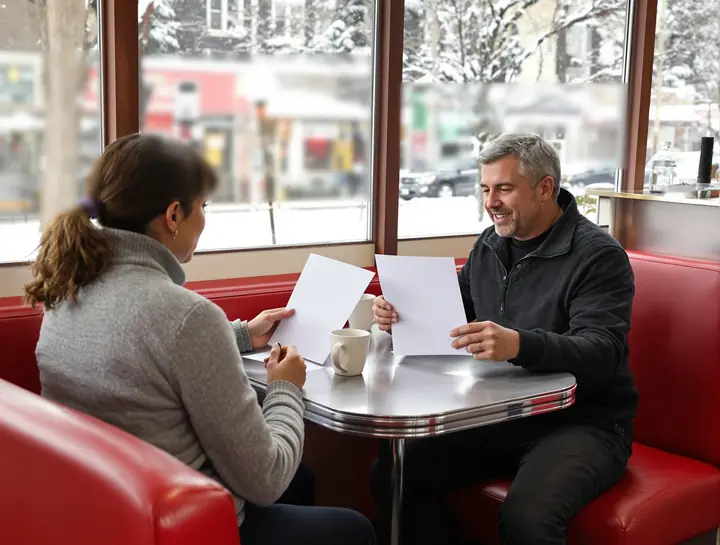 Going over two offers with a diner owner in a back booth