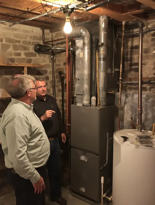 Looking at an older gas furnace in a stone basement with the homeowner