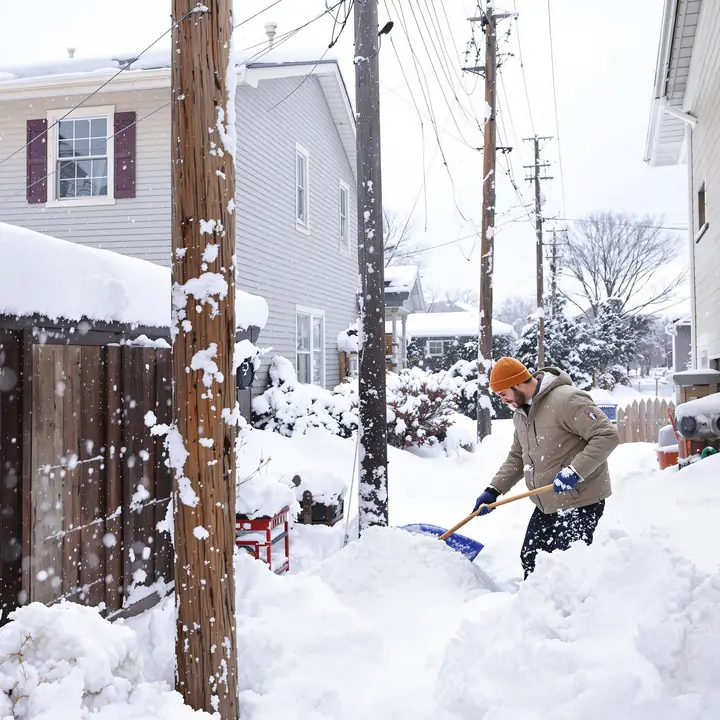 Shoveling lake effect snow under the power lines on an Erie driveway