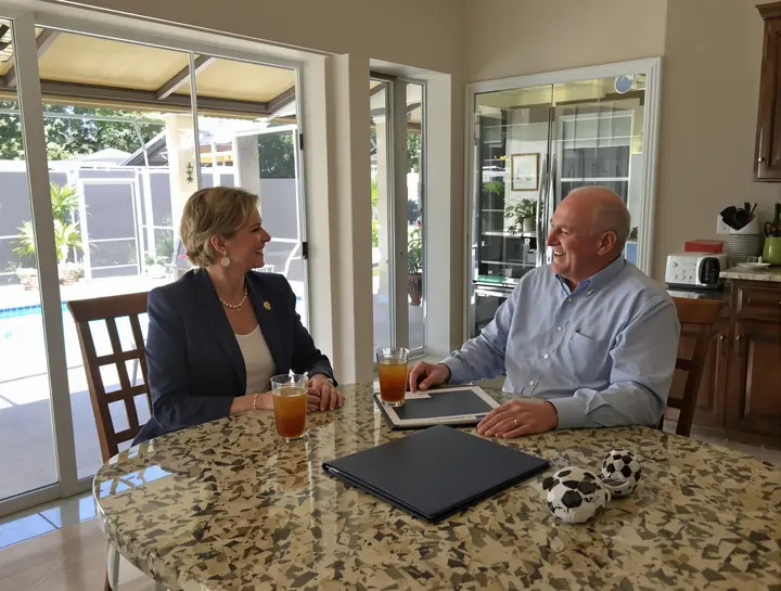 A lawyer laughing with a retired man at his kitchen table, a screened pool behind them