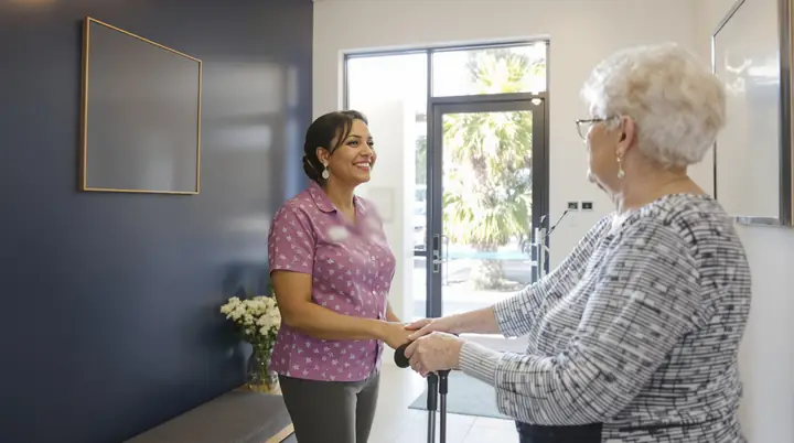 A paralegal greeting an older client with a cane in the office lobby