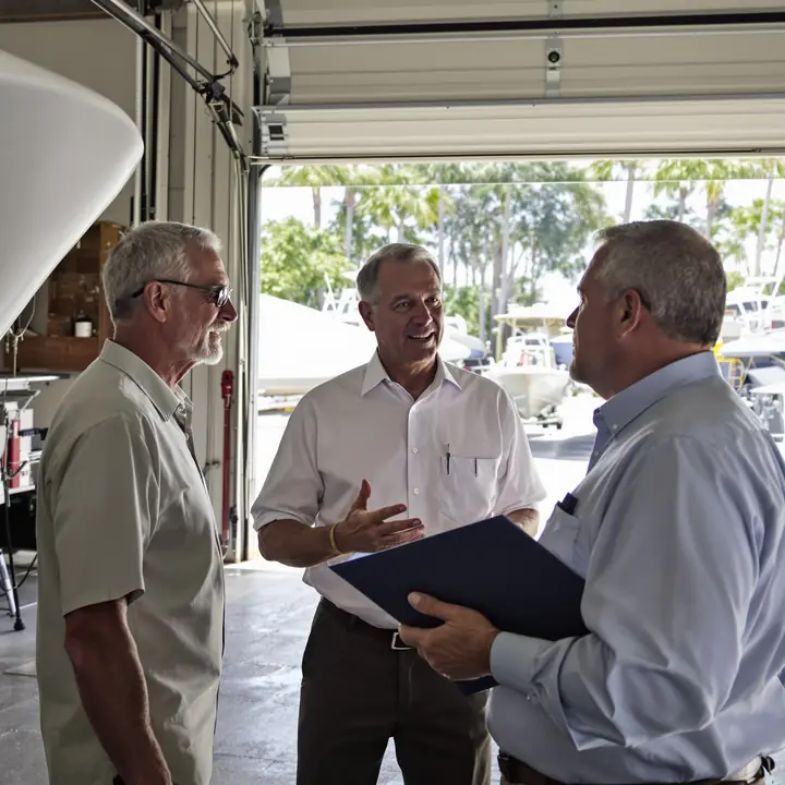 A lawyer talking with two boat shop owners in an open repair bay