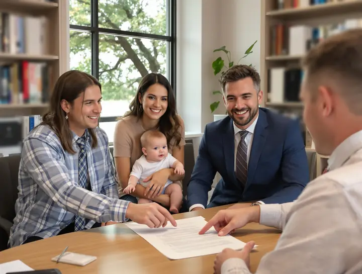 A young couple with a baby going over a simple plan with their lawyer