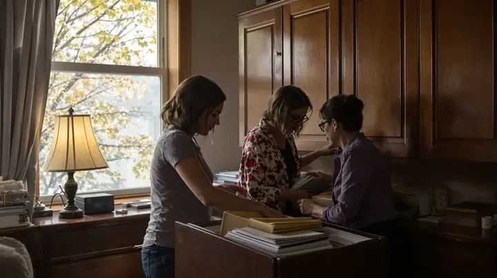 A daughter and a lawyer going through her late father's filing cabinet at home