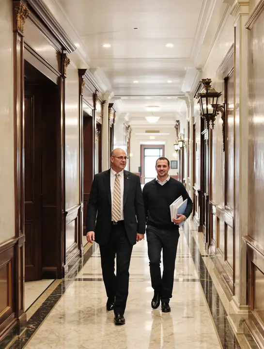 A lawyer walking with a client down a marble courthouse hallway
