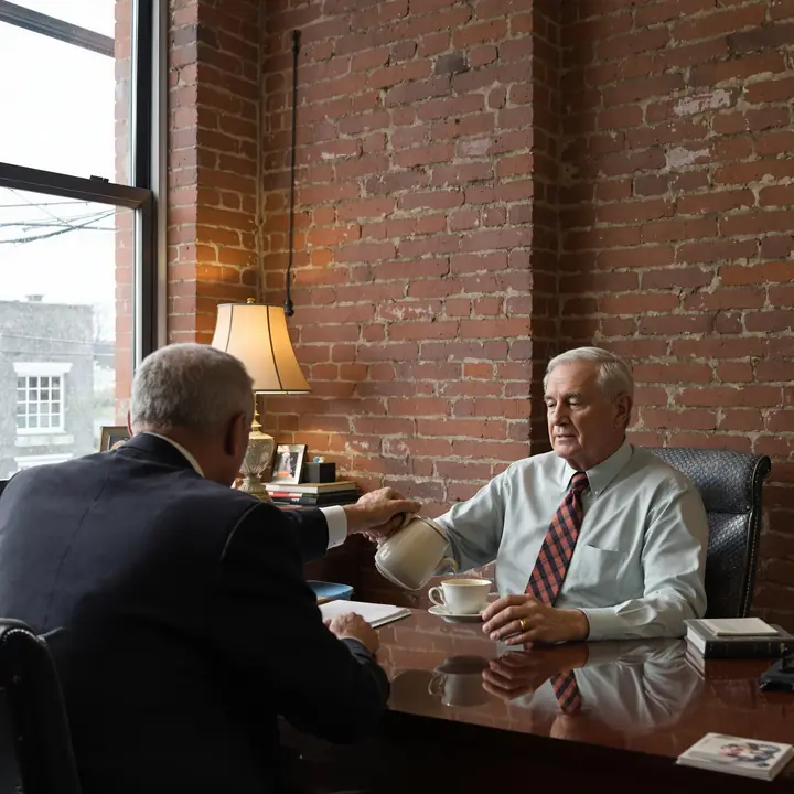 A lawyer pouring tea for a widower in an office with a brick wall