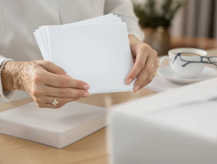 Hands holding a small stack of envelopes beside a cup of tea