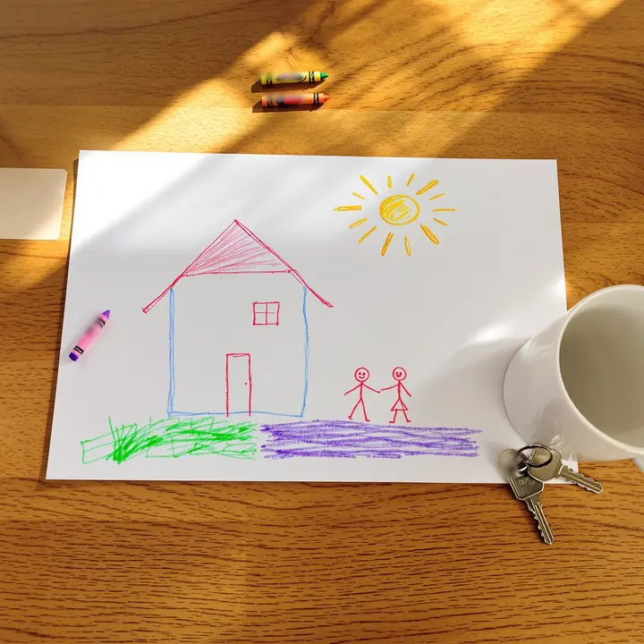 A child's crayon drawing of a house and two people holding hands, next to a coffee mug and keys