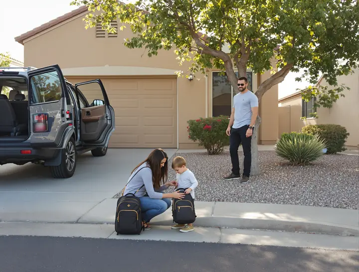 A mom zipping her son's backpack at the curb for a handoff to his dad