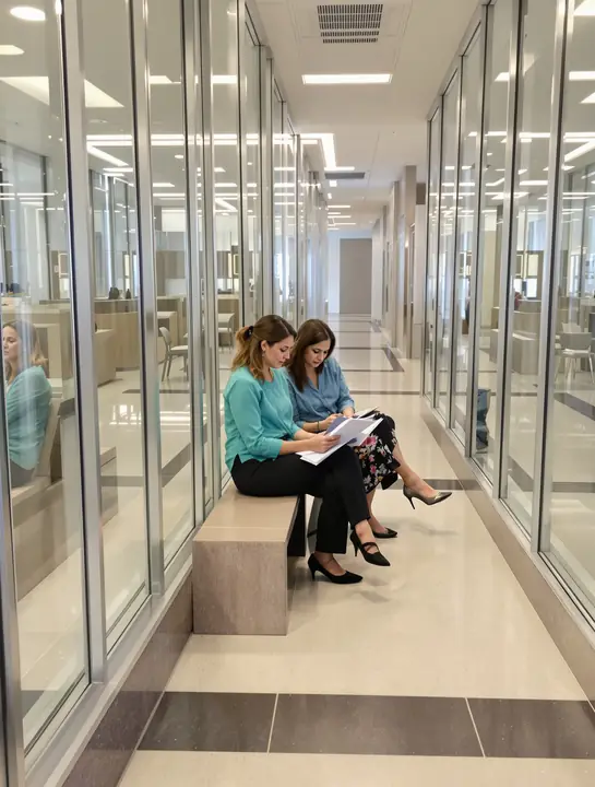 A lawyer and a young mother going over papers on a bench in a courthouse hallway