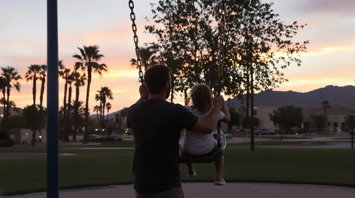 A dad pushing his daughter on a park swing at sunset with palm trees and mountains