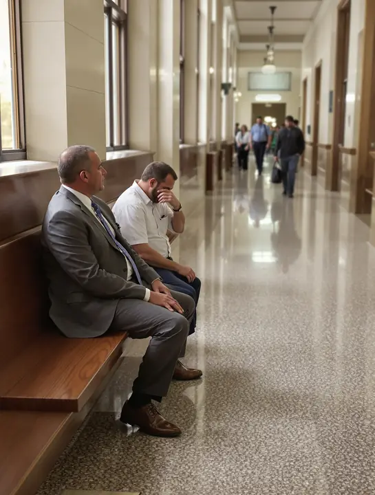 A lawyer sitting with a worried client on a bench in a Wake County courthouse hallway