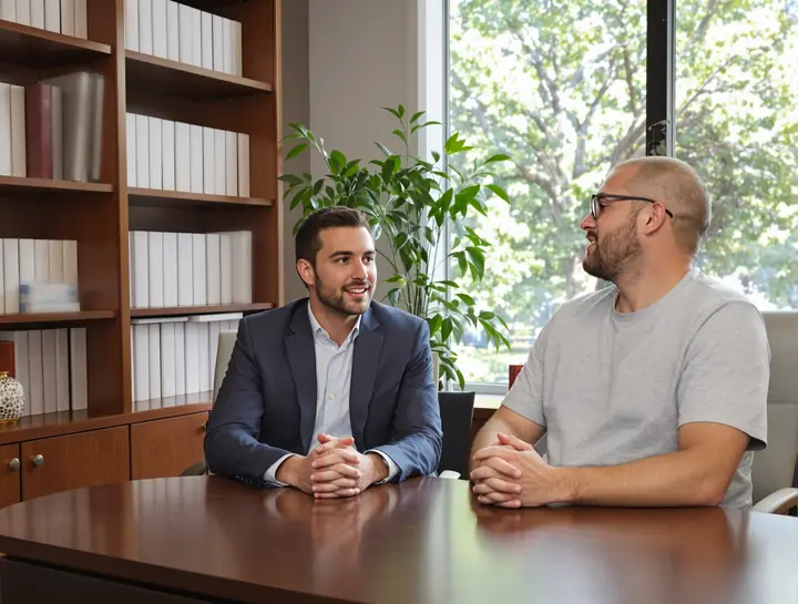 A young father talking with his lawyer in a small office with bookshelves