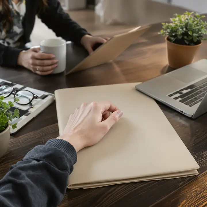 A client with a coffee mug and a closed folder on the table during a meeting