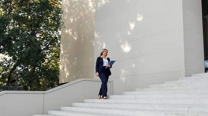 A lawyer walking down the stone steps of the courthouse in downtown Raleigh