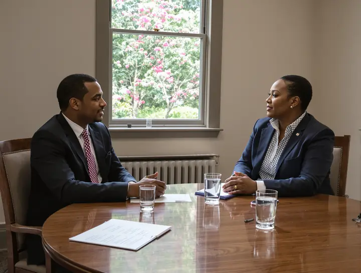 A client and a family lawyer talking at a round table in the office