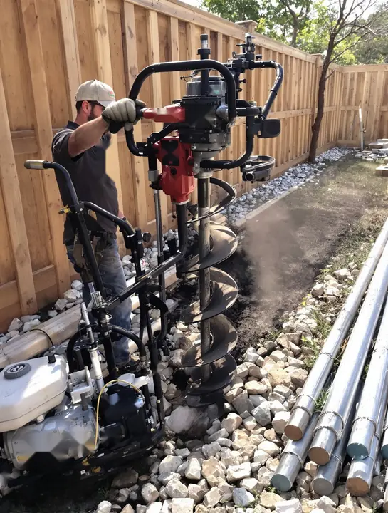 Crew drilling post holes through limestone in a San Marcos back yard
