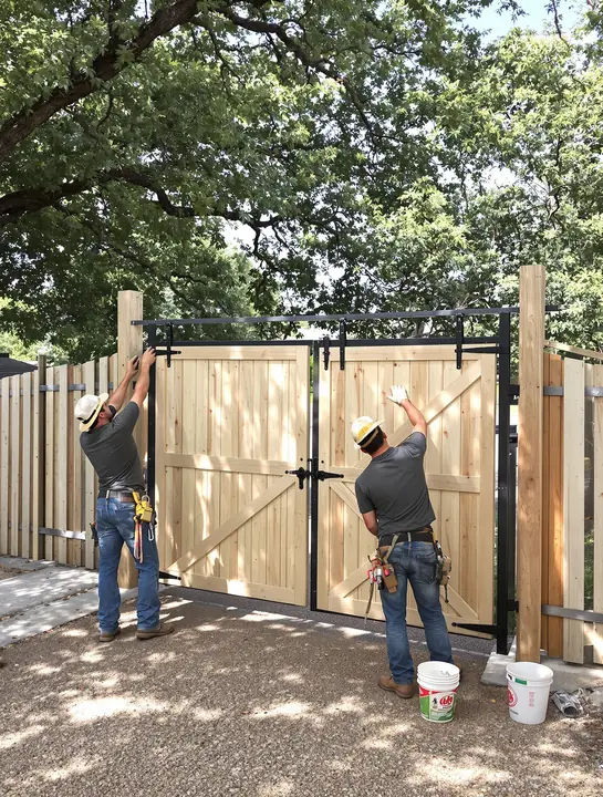 Steel frame drive gate being hung on a cedar fence in Buda