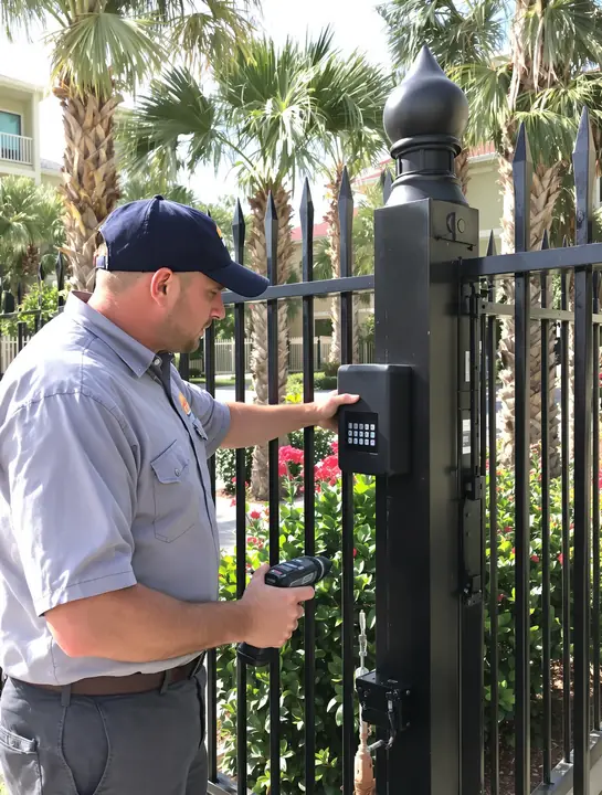 Card reader on a gooseneck post at an apartment gate in Flour Bluff