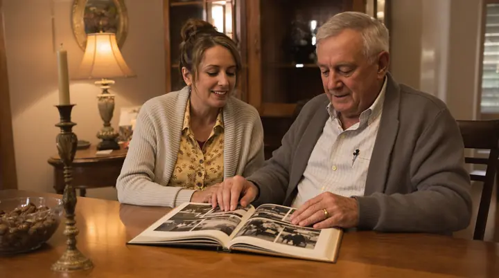 A daughter and her father looking through a family photo album