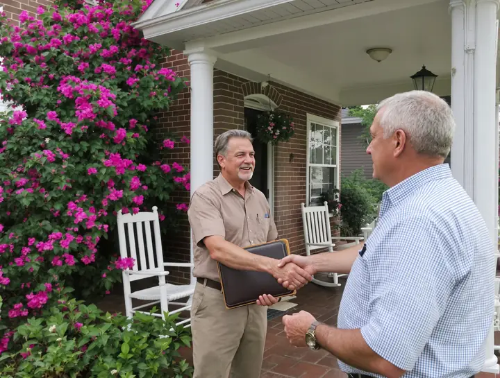 Walter shaking hands with a client on a Montgomery front porch