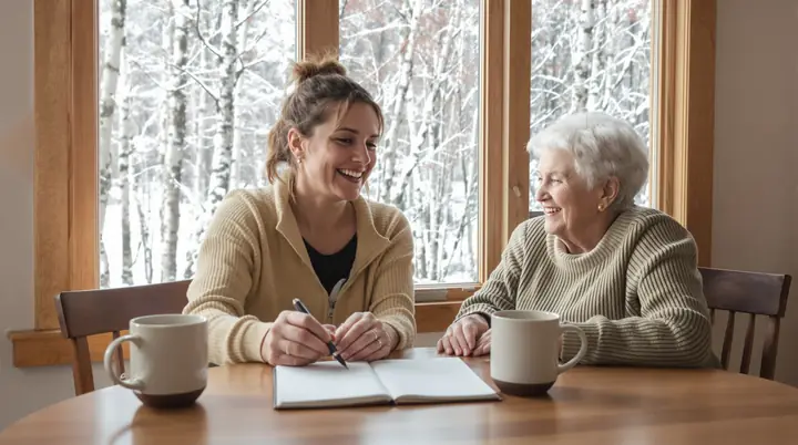 A mother and daughter at the kitchen table planning together