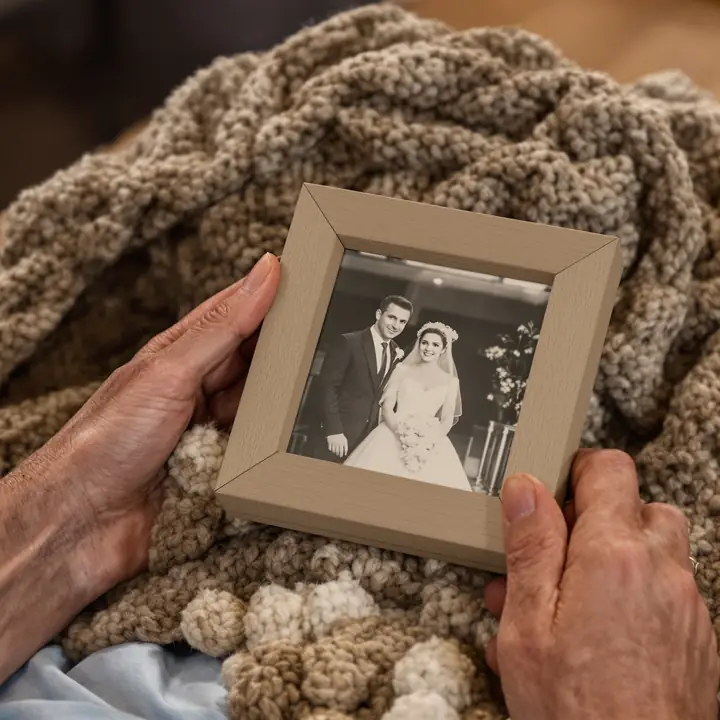 An older man holding a framed wedding photo in his lap