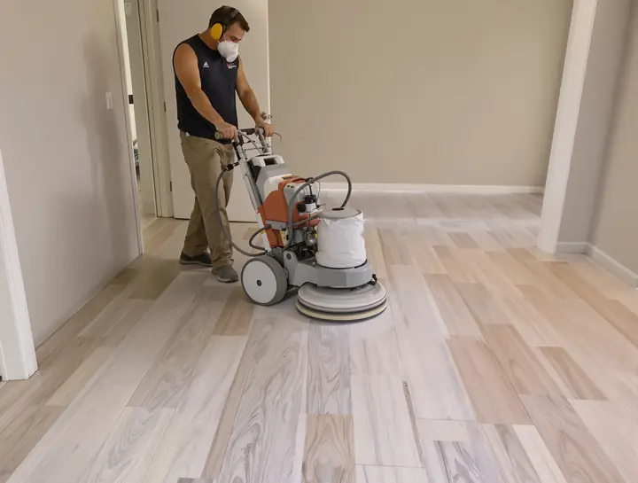 Refinisher running a drum sander with a vacuum hose over a worn oak floor