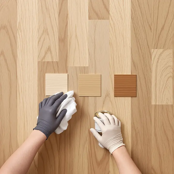 Stain sample squares from natural to walnut on bare oak