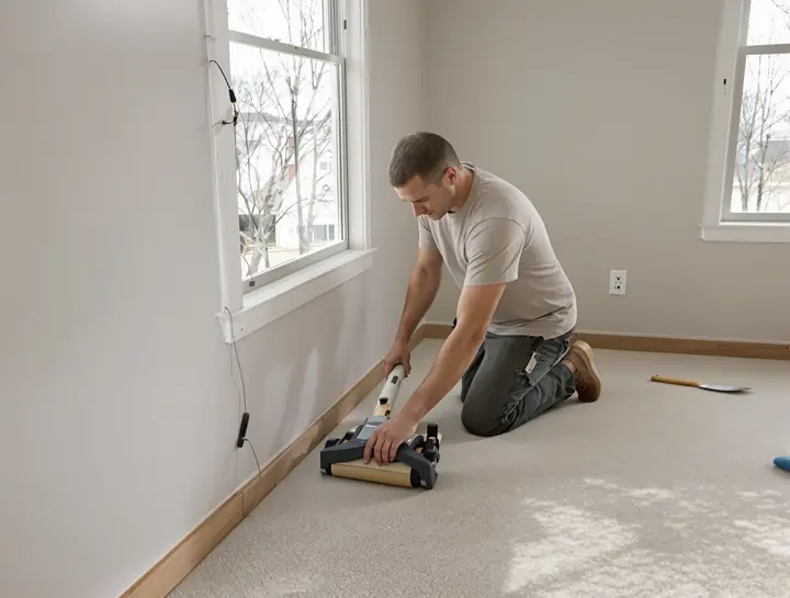 Carpet installer stretching carpet with a knee kicker in a bedroom