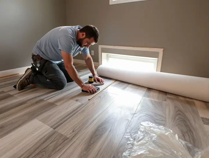 Installer clicking vinyl plank into place in a finished basement