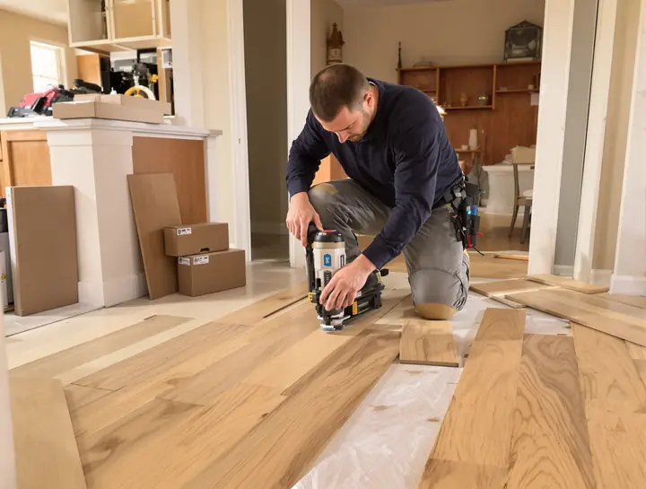 Installer nailing red oak strip flooring in an open kitchen
