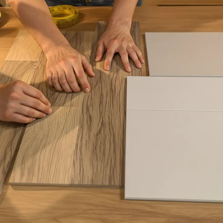 Hands comparing hardwood, vinyl plank and tile samples on a showroom table