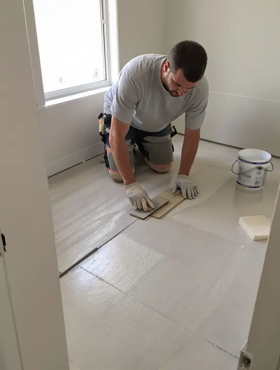 Tile setter laying large gray porcelain tile in a bathroom