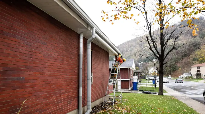 Worker adding a downspout extension on a brick house on a hill