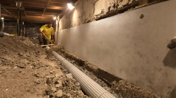 Crew laying drain pipe in a trench along a fieldstone basement wall in Pittsburgh
